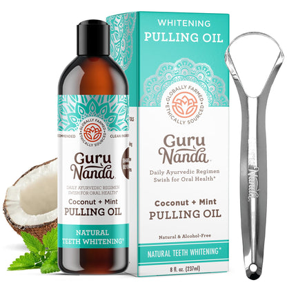 GuruNanda Whitening Pulling Oil with Coconut Oil & Peppermint Essential Oil for Oral Health, Natural Teeth Whitening, Helps with Fresh Breath, Healthy Gums, Alcohol Free Mouthwash (8 Fl.Oz. x 2)